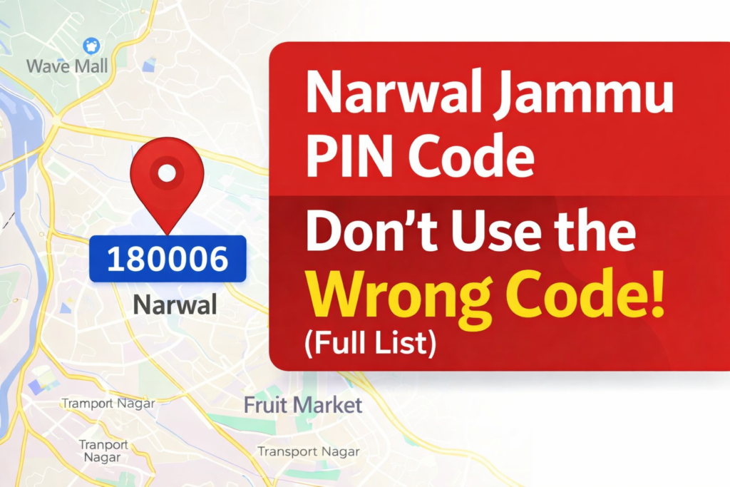 Infographic showing Narwal Jammu Pin Codes for Fruit Mandi (180012), Transport Nagar (180004), and Narwal Bala (180006) with a warning sign.