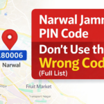 Infographic showing Narwal Jammu Pin Codes for Fruit Mandi (180012), Transport Nagar (180004), and Narwal Bala (180006) with a warning sign.