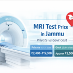 MRI test price in Jammu (2026) showing private lab costs (₹4,000 - ₹10,000) vs government hospital rates (₹2,500 or Free with Golden Card) featuring a 3T MRI machine.
