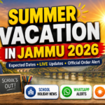 Colorful featured image showing Summer Vacation in Jammu 2026 with heatwave theme, school holiday news, WhatsApp alerts, and official order updates.
