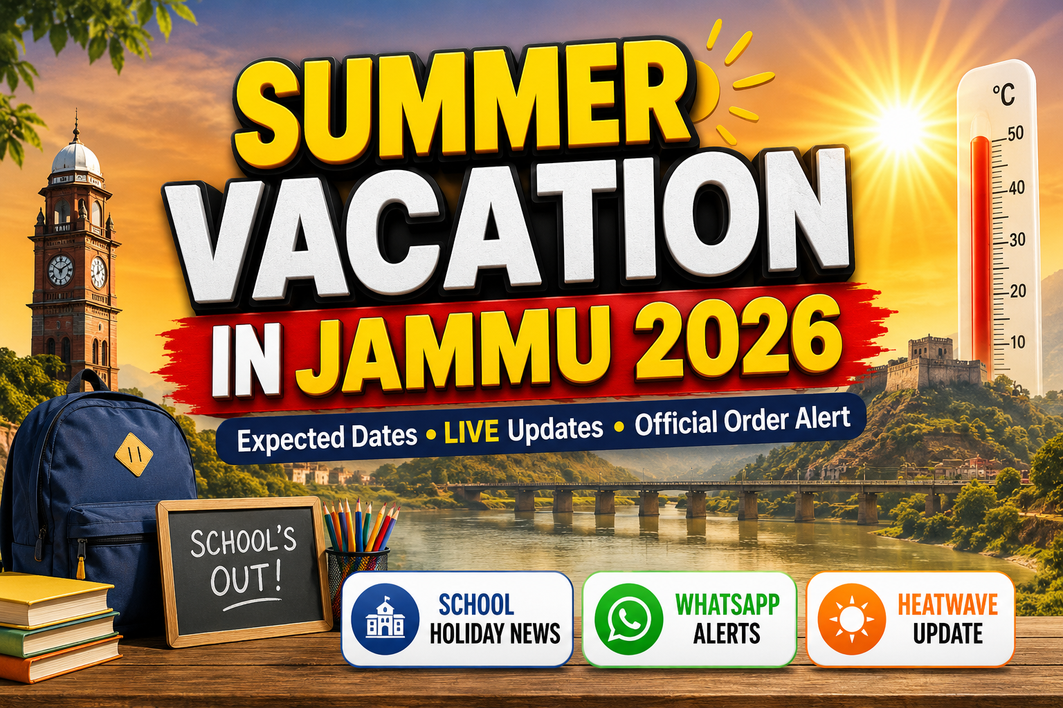 Colorful featured image showing Summer Vacation in Jammu 2026 with heatwave theme, school holiday news, WhatsApp alerts, and official order updates.