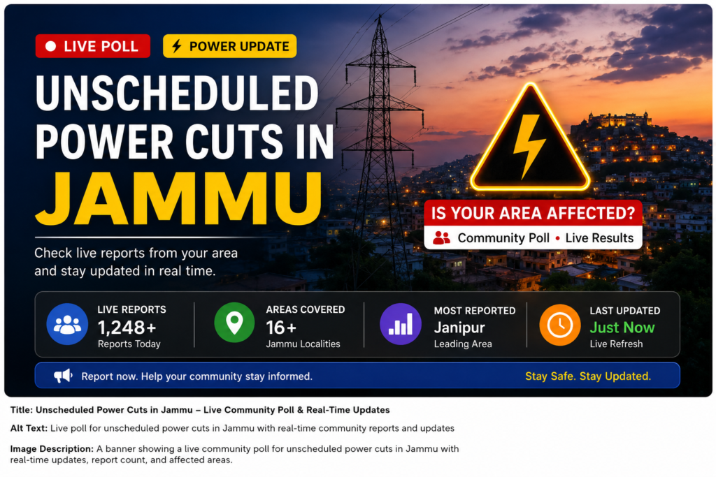 Live power cut dashboard in Jammu showing unscheduled outage updates, community poll, and affected localities