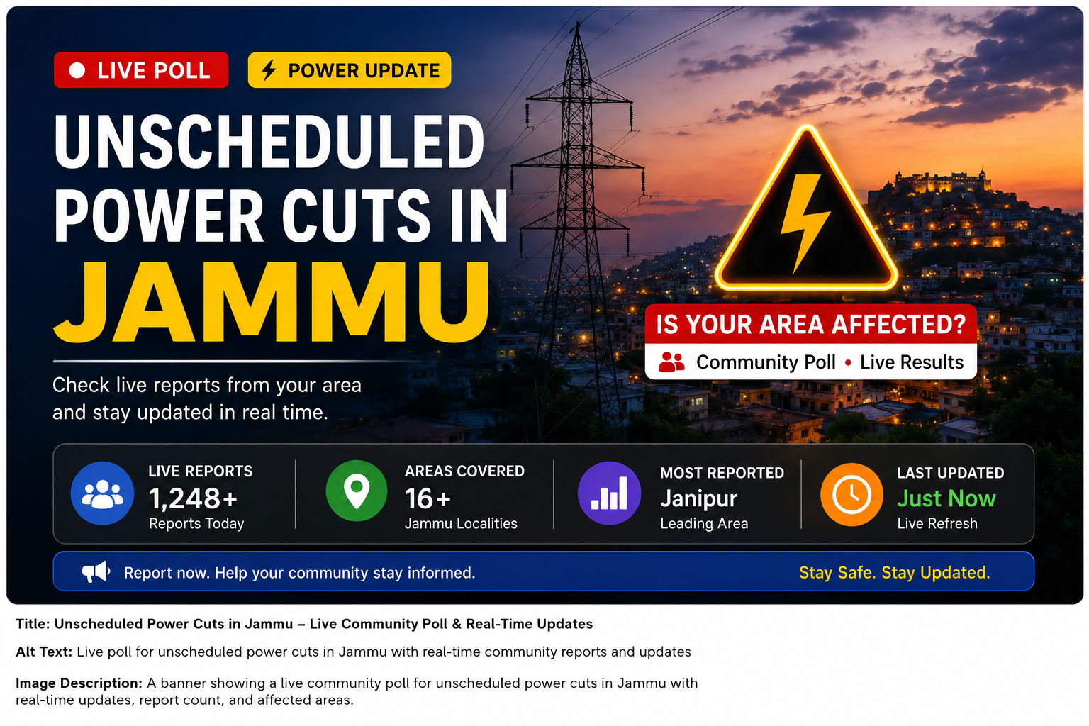 Live power cut dashboard in Jammu showing unscheduled outage updates, community poll, and affected localities