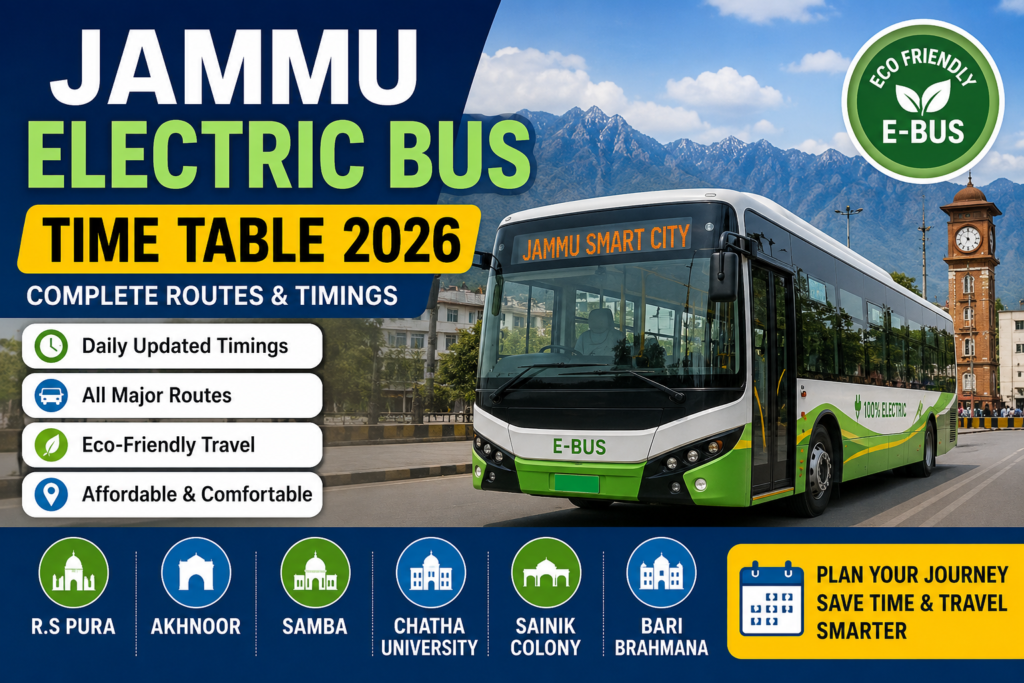 JKRTC Jammu electric bus timetable showing routes and timings for Akhnoor, R.S Pura, Samba and Jammu city