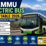 JKRTC Jammu electric bus timetable showing routes and timings for Akhnoor, R.S Pura, Samba and Jammu city